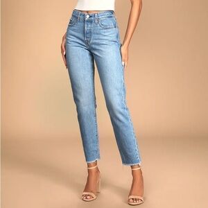 Wedgie Straight Medium Wash High-Rise Distressed Cropped Levi Jeans